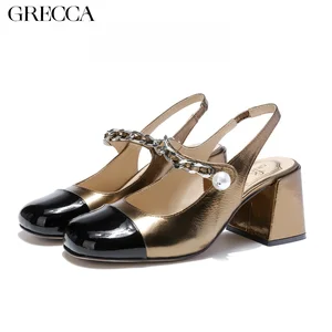 GRECCA Metallic Leather Slingback Pumps, Black - Gold Color - Block, Chain & Pearl Detail, Square Toe Chunky Party Shoes