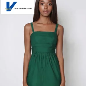 Original Retro Summer Dress Dark Green Strap Off-Shoulder Long Dress High Waist Pleated 100% Cotton Casual Chiffon Plain Dyed