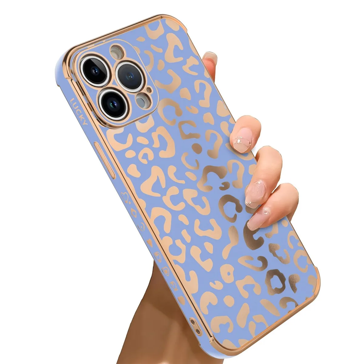 Fine hole four-corner anti-drop electroplated case blue For iPhone 14 Pro Max gold leopard print LUCKY love on the side HWC06