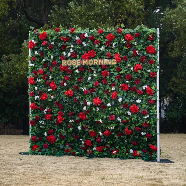 Rose Morning Green and red color fabric roll up decoration artificial silk floral wall flower wall 8ftx8ft