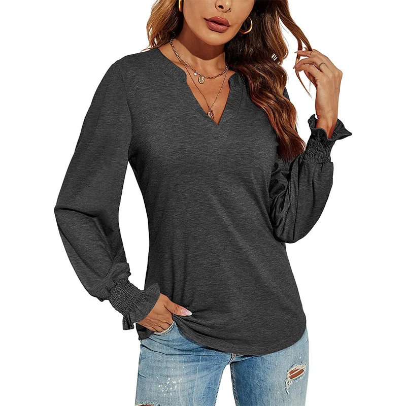 New V-neck Splicing Loose Spring And Autumn Solid Color Blouse Women ...