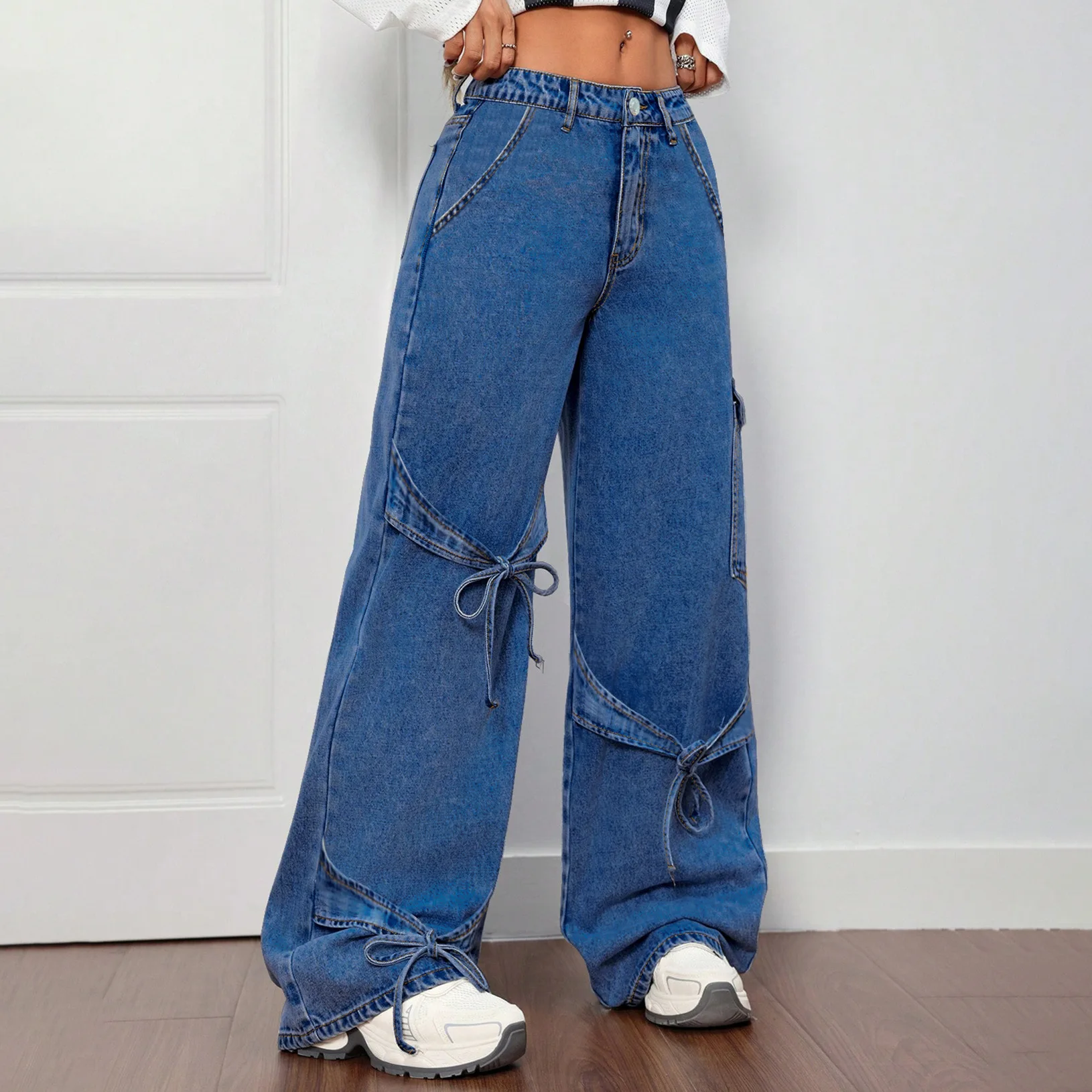 American Style Bow Tie Overalls Denim Jeans Women's Casual Summer Straight-leg Plus-size Women's Trousers