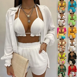 Summer Beach Womans Three 3 Piece Banadores Bikinis Swimsuit Swimwear Beachwear Floral Bikini Sets