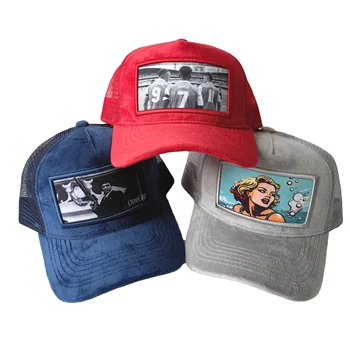 Wholesale Mesh Custom Velvet Trucker Cap 6 Panels Custom Applique Patch Embroidery Black Velvet Trucker Hat