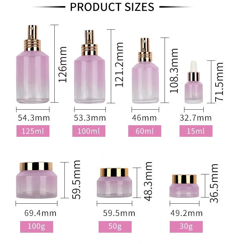 125ml 100ml 60ml 15ml 100g 50g 30g skincare package glass cosmetic pump spray serum toner bottle factory