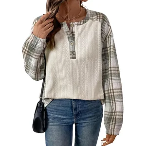 For European American Women's Long-Sleeved T-Shirt Autumn Winter New Plaid Stitching Crewneck Pullover Top Women's