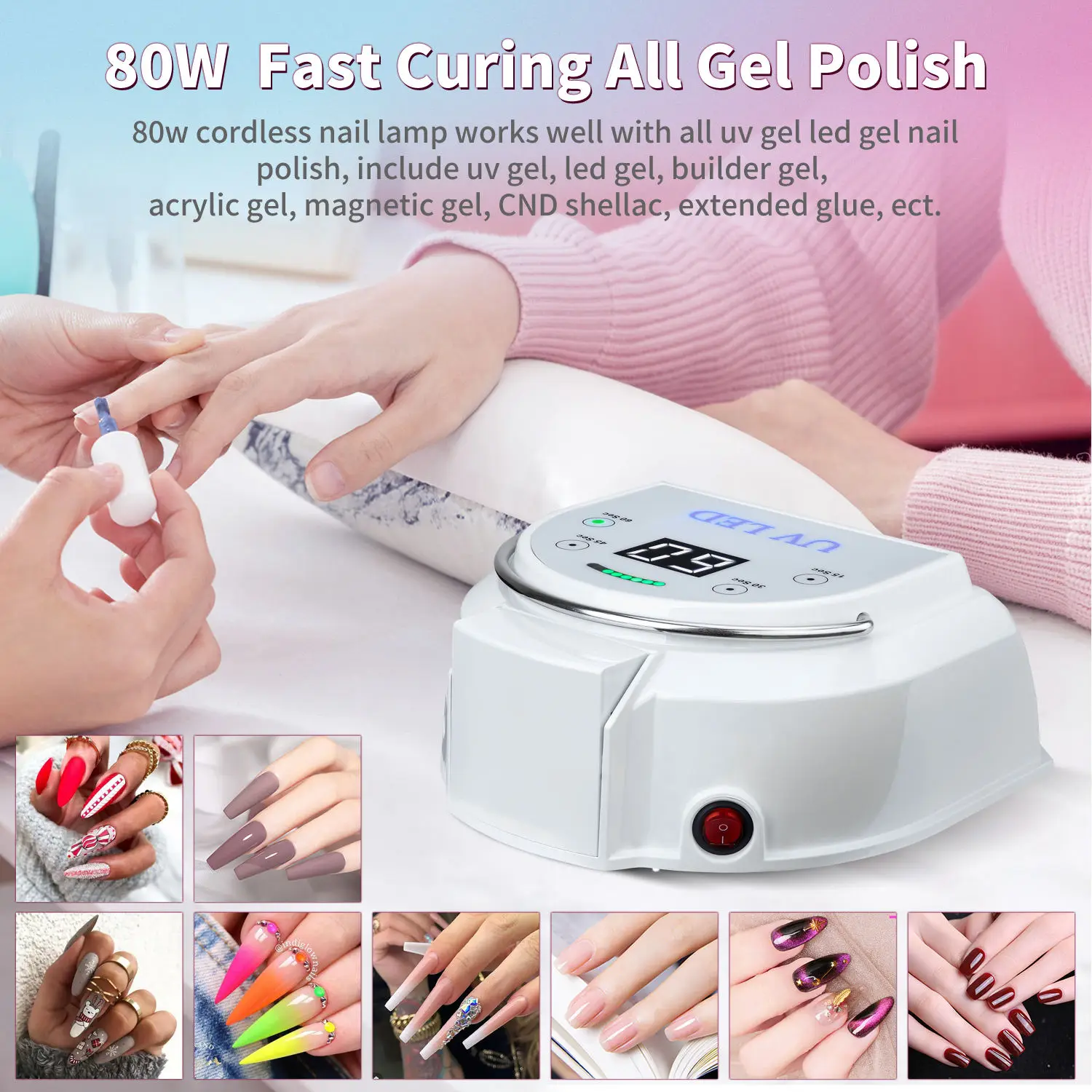 Powerful Professional Fast Led Curing Nail Lamp 80w Cordless Rechargeable Led Uv Gel Lamp for Gel Nails