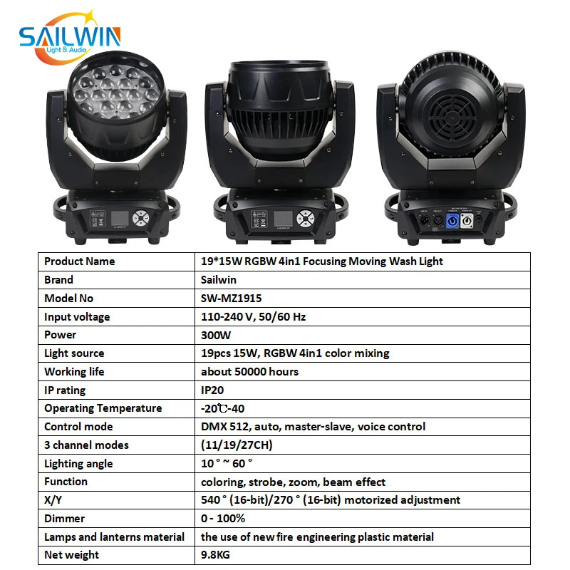 SAILWIN 19X15W RGBW4in1ズームウォッシュLEDビームムービングヘッド