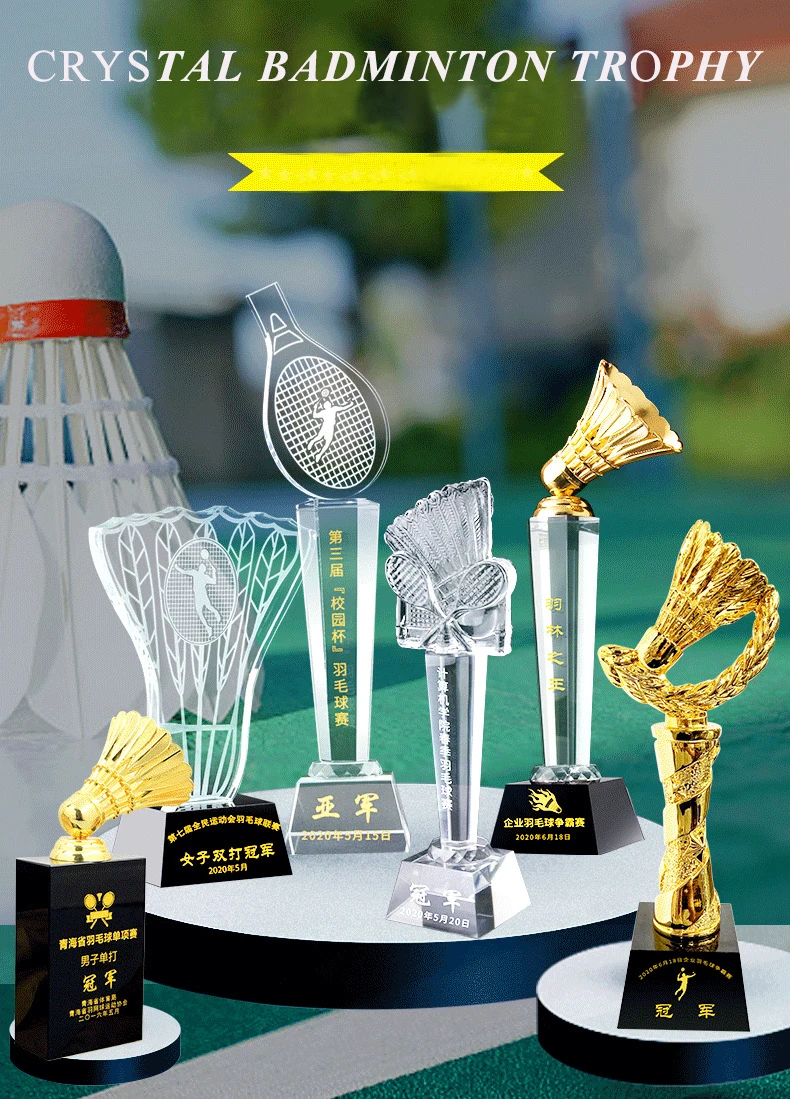 Wholesale Virous Designs Colored Crystal Badminton Game Trophy Sport Event Souvenir Trophy Awards Metal Medals factory