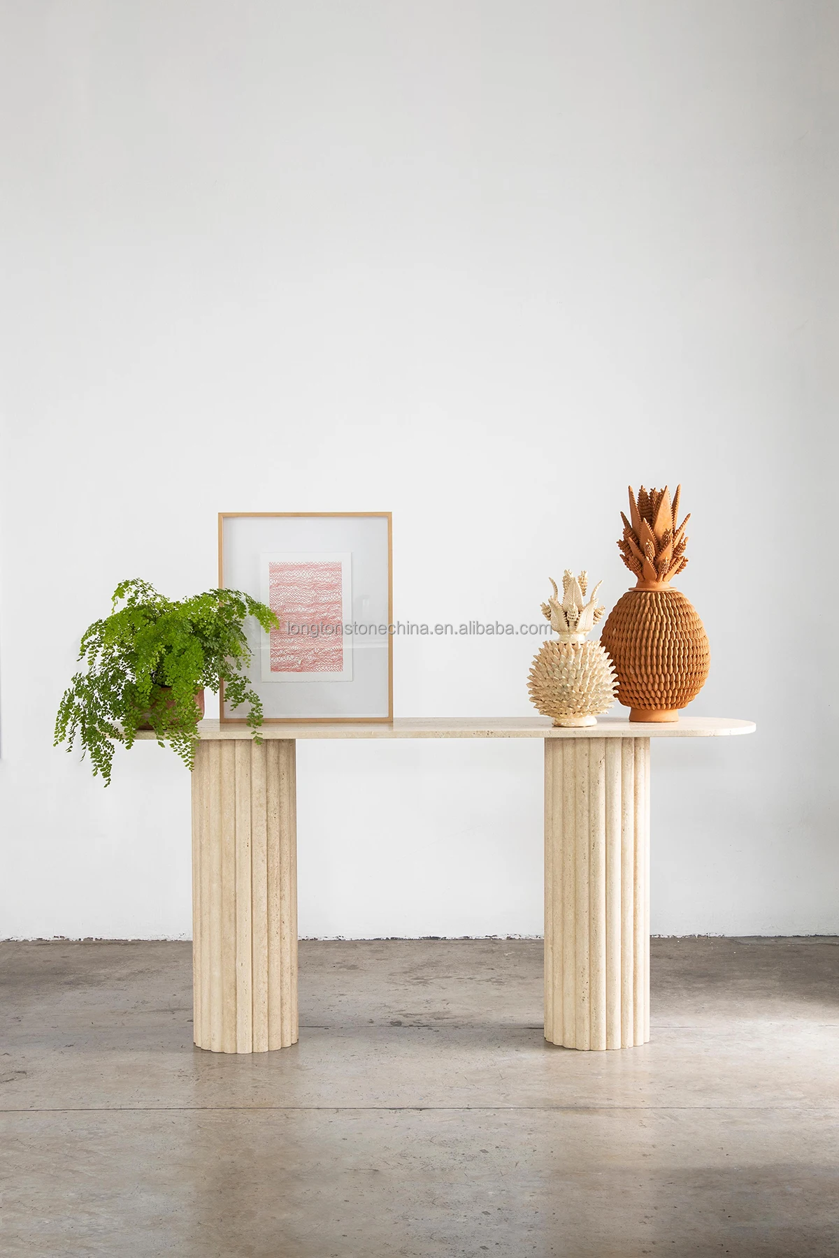 ベージュトラバーチンコンソールテーブルリビングルーム家具溝