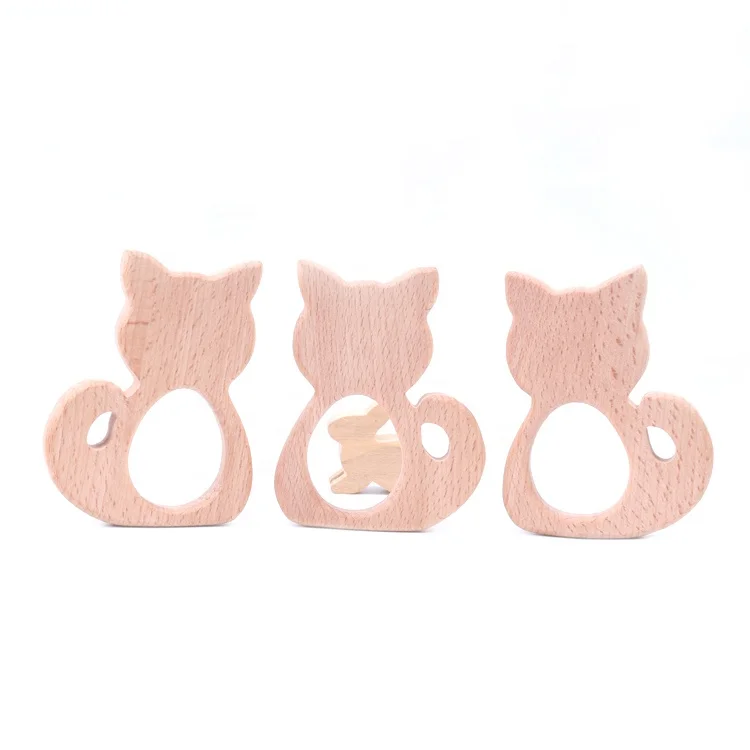 DIY Custom Teething Toy Beech Wood Wooden Cat Shaped  Teether for Baby