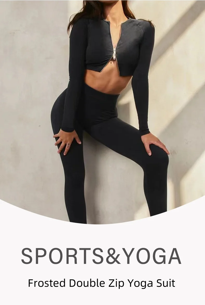 Women's Double Zipper Long Sleeve Yoga Wear High Waist Hip Lift Pants Two-piece Seamless Sports High Stretch Yoga Fitness Suit manufacture