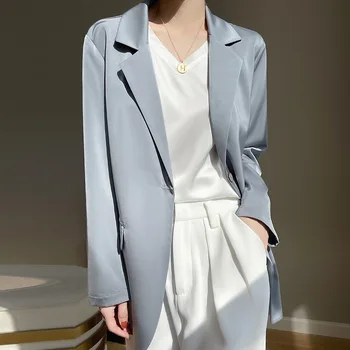 2024 spring and autumn new silk acetate satin mid-length white suit woman a button long-sleeved coat top
