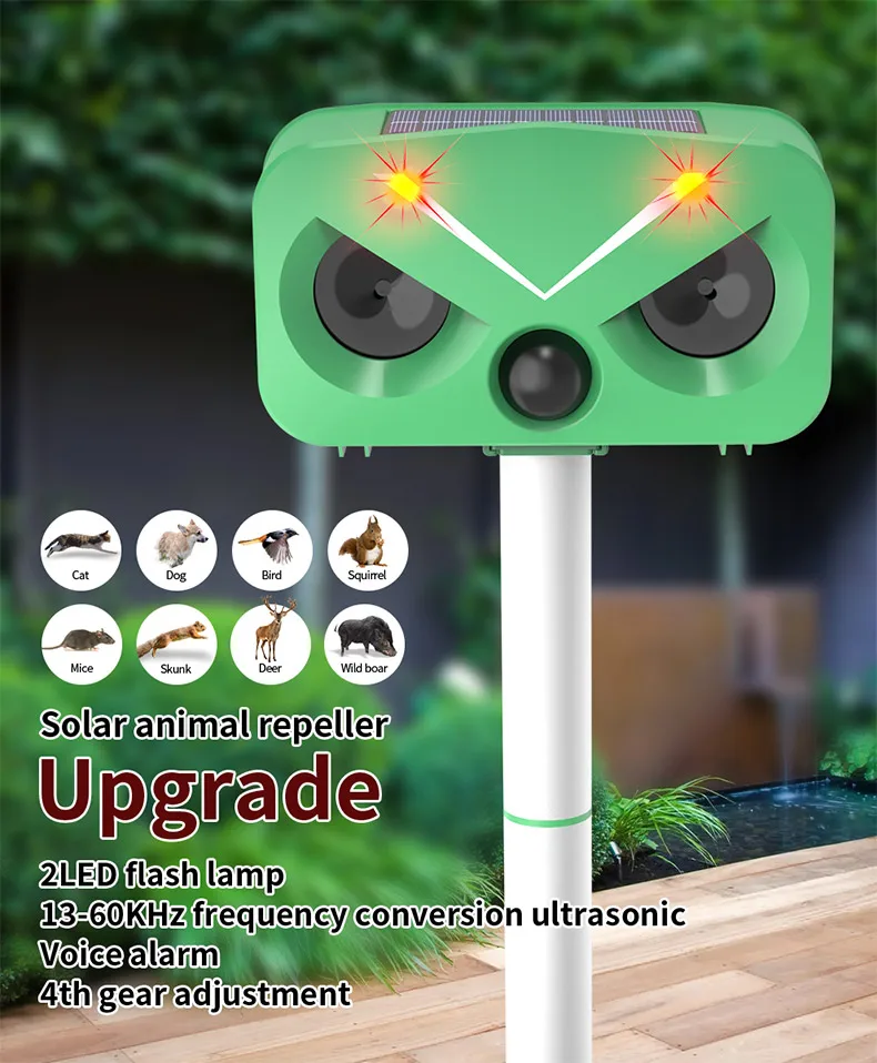 SAIJZEK OEM New Design Outdoor Waterproof RIP Sensor Electric Solar Ultrasonic Pest Repeller Dog Cat Rodent Bird repeller details