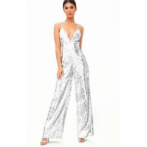 Fashion Sleeveless Sexy Deep V Neck Elegant Fitness Women Silver Sequin Jumpsuit