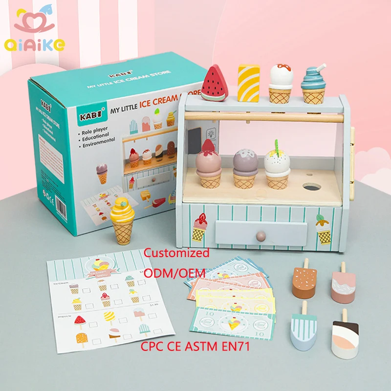 Unisex Wooden Early Education Toy Set for Kids Role Pretend Ice Cream Shop Game Simulation Playhouse Kitchen for Boys and Girls