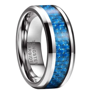 Coolstyle Jewelry 6mm 8mm Tungsten Ring for Men Women Engagement Wedding Band Blue Carbon Fiber Inlay Beveled Edges Comfort Fit