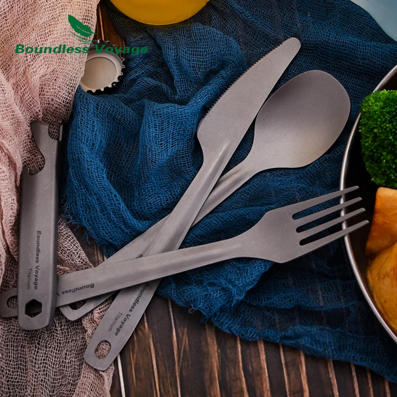 Boundless Voyage High Quality  Titanium  Stackable Camping Pocket  Folding Tableware Knife Fork Spoon Cutlery Set Lightweight