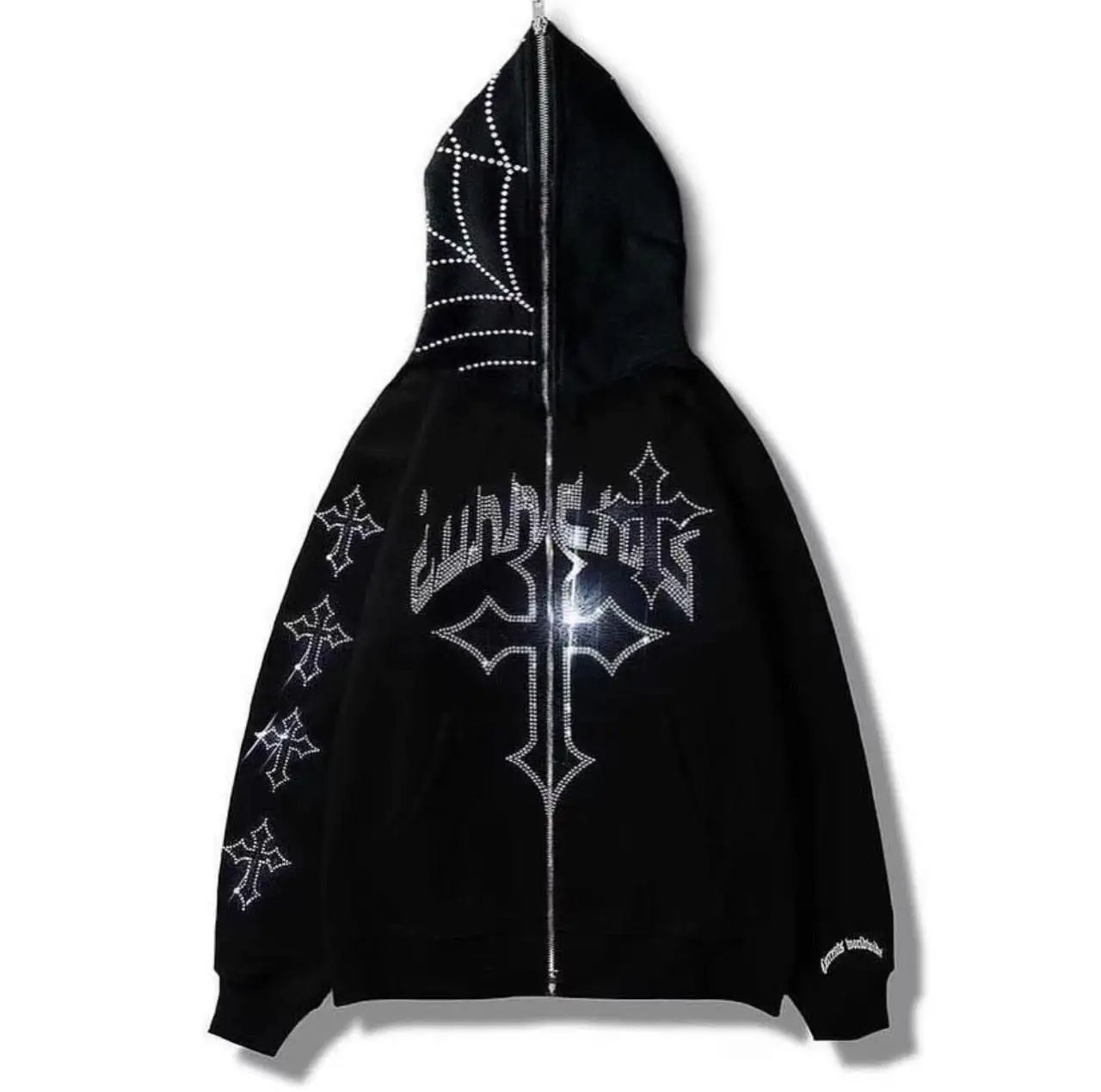 Salati Manufacturer High Quality Custom 500 GSM Thick Glitter Diamond Rhinestone Printed Oversized Full Zip up Hoodie for Men gallery 7