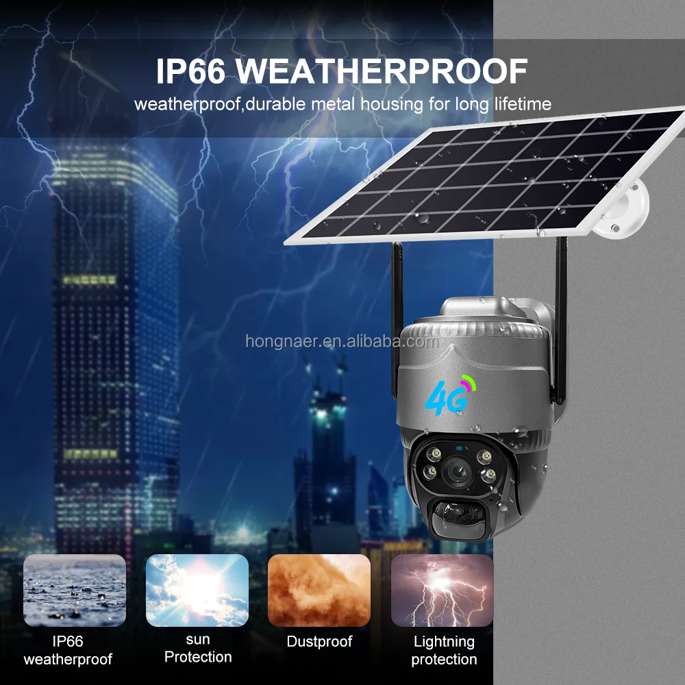 Hongnaer 2MP 7/24 Record Solar Powered Wireless Surveil PTZ Camera V380 Pro AOV Outdoor Security CCTV 4G Sim Card Solar Camera