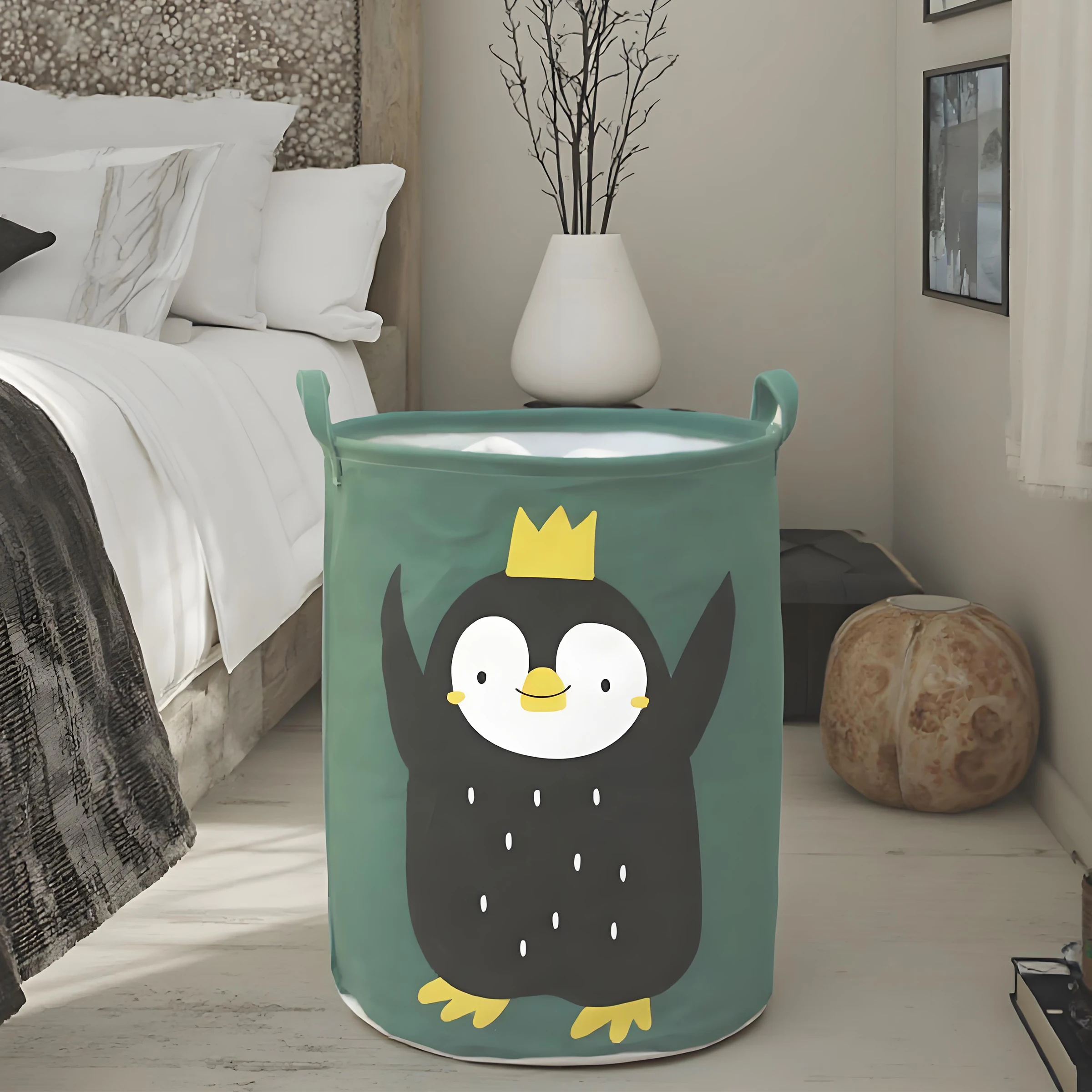 Classic Design Foldable Cloth Storage Bags with Handle Custom Logo Cylinder Cozy Round Laundry Basket for Dirty Clothes