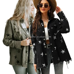 Custom Shirt Coat Distressed Jean Jackets Black Green Print Star Shacket Casual Long Jacket Women