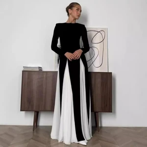 2025 New Female Elegant Black White Patchwork Maxi Dresses Women Fashion O-neck Long Sleeves Slim Robes Evening Party Dress