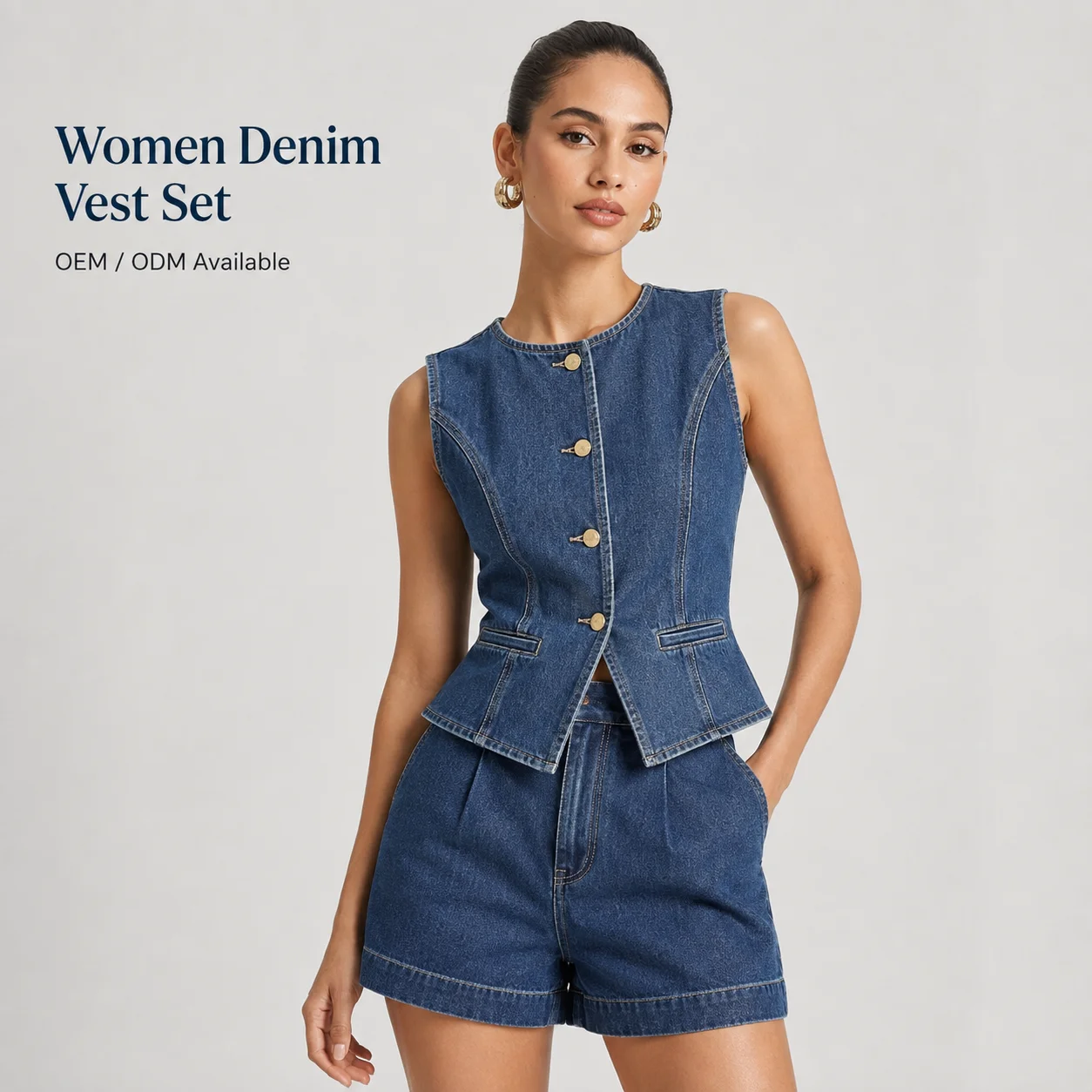 2024 Custom Summer Casual Solid Skinny Women's Denim Two-Piece Suit