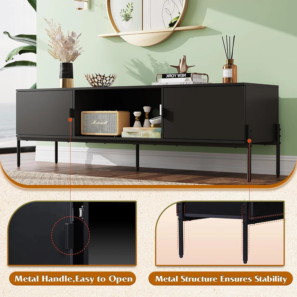 product nu deco farmhouse 65 inch tv stand with 2 storage cabinets open shelf wooden material metal legs black for living room  bedroom-8