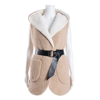 Popular Style Faux Fur Vest Quality Soft Fake Fur Waist Belt Coat Female Sleeveless Jacket
