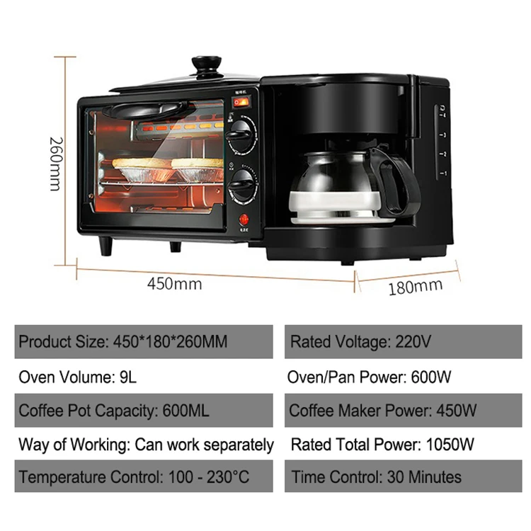 Three in One Multifunctional Toaster Coffee Pot Oven Frying Pan Set Electric 3 in 1 Breakfast Sandwich Makers Machine