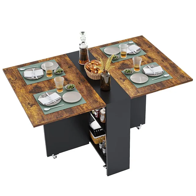 Folding Drop Leaf Dining Table with 6 Wheels Folding Kitchen Table