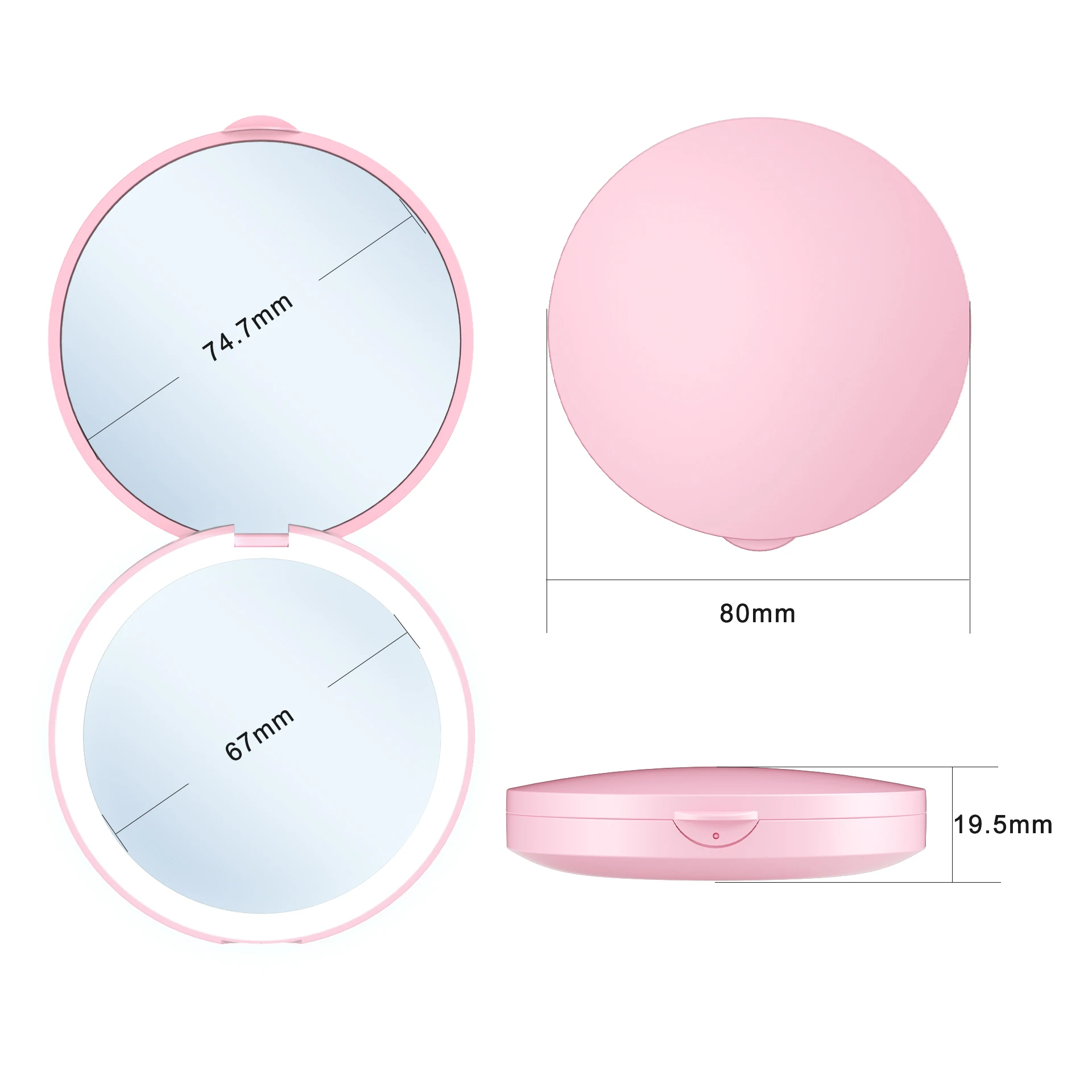 Custom 1X 2X Magnification Pink Cute LED Light Pocket Purse Hand Portable Folding Small Mini Makeup Mirror
