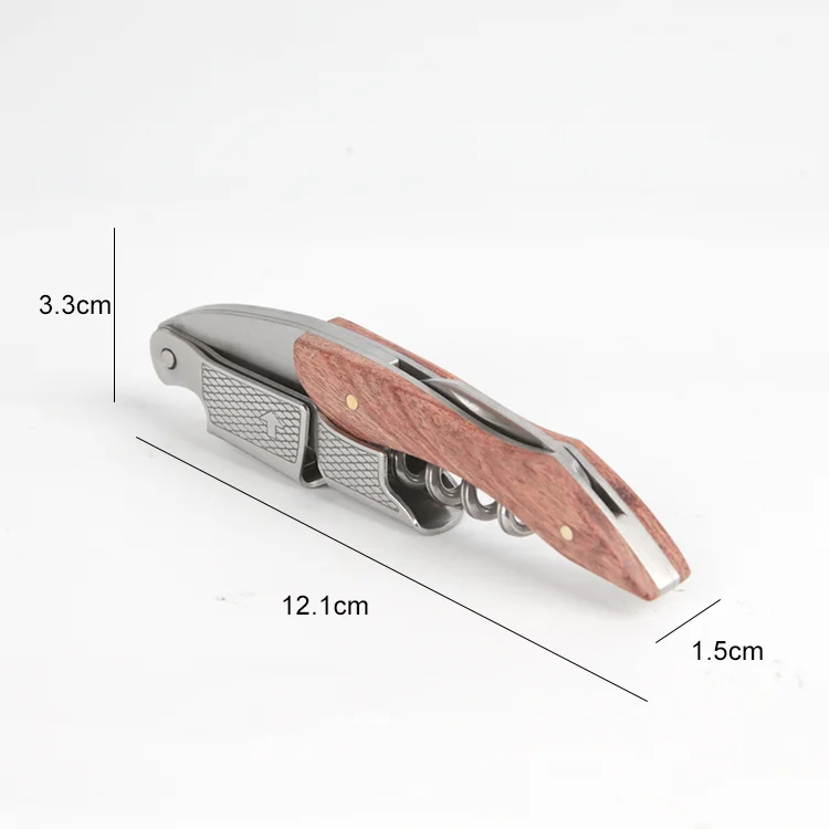 Multi-Functional 3-in-1 Pocket Wine Bottle Opener Tool Double Hinged Wood Handle Stainless Steel Folding Wine Corkscrew Opener