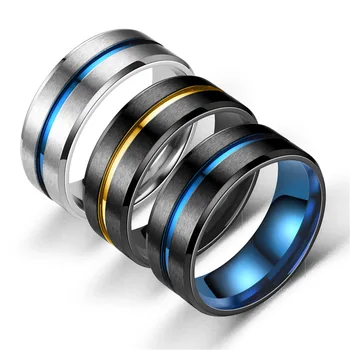 Fashion Classic Two-Colors Brushed Designer 8mm Stainless Steel Rings Mens Cheap Statement Two-Tone Grooved Titanium Steel Rings