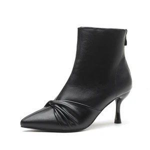 Formal Black Microfiber Ankle Boots with Pointed Toe & Stiletto Heel, Knot Detail, 5CM/7CM Heel for Autumn & Winter