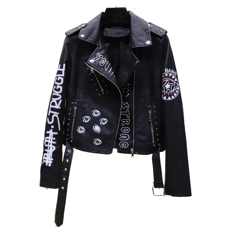 Street Graffiti Printing Crazy Contrast Color Motorcycle PU Leather Short Jacket for Woman