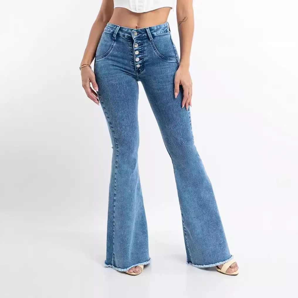 Button Jeans Bootcut High Waist  Stretch Women Jeans Pants Wholesale