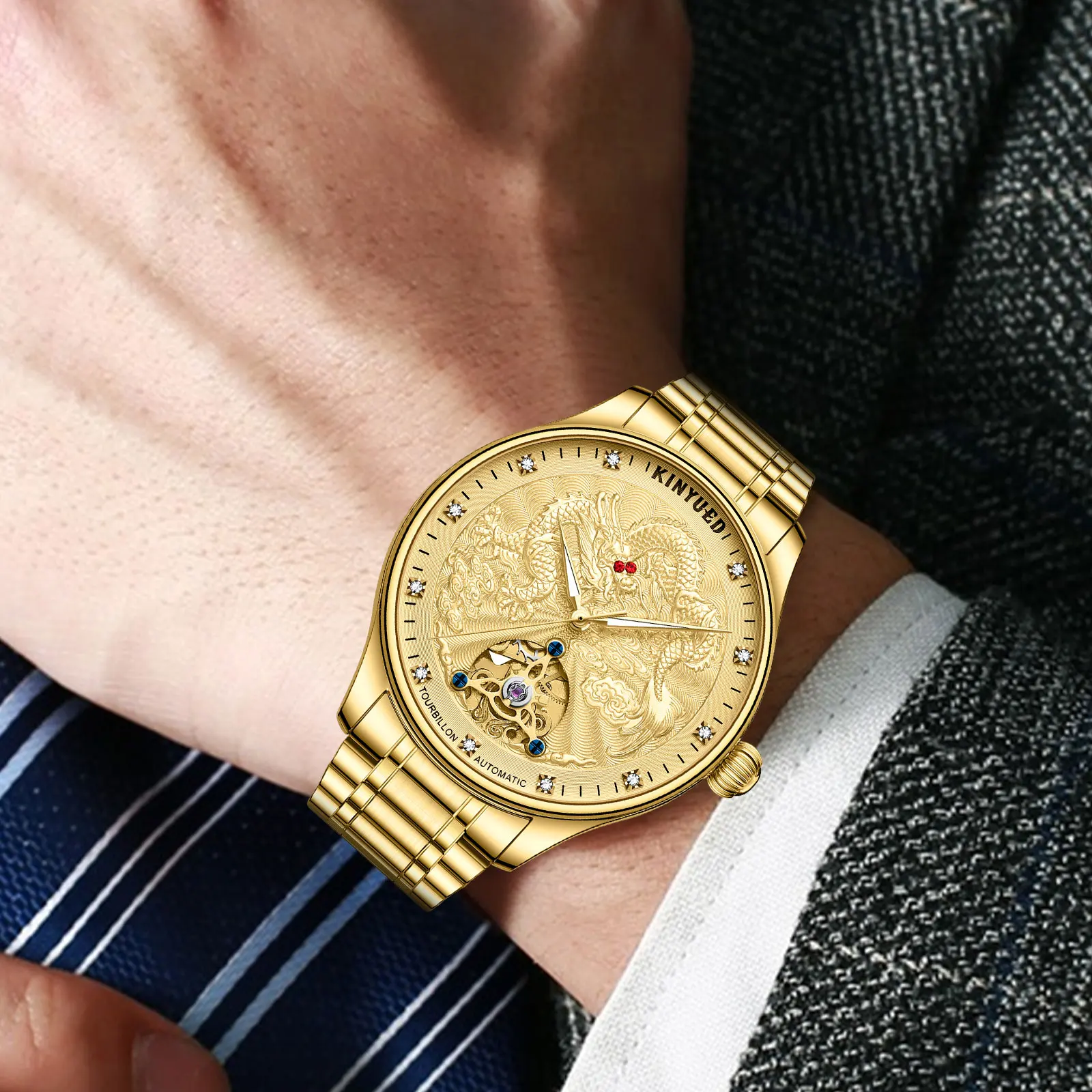 KINYUED J114 Hot Sale Luxury Reloj Montre Man Watch Sport Mechanical Automatic Wrist Tourbillon Gold Dragon Watches