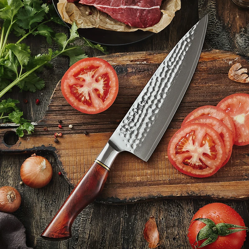 HEZHEN Set di Coltelli da Cucina,Acciaio al Carbonio di Damasco 7PCS,Coltello da Chef Coltello Multiuso Coltello Santoku,Portacoltelli in Legno di Noce,Forbici inossidabili