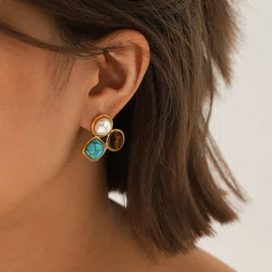 MW Vintage Delicate Fashion Stud Earrings Women 18K Gold Pearl Natural Big Blue Turquoise Tiger Eye Stone Earrings Wholesale