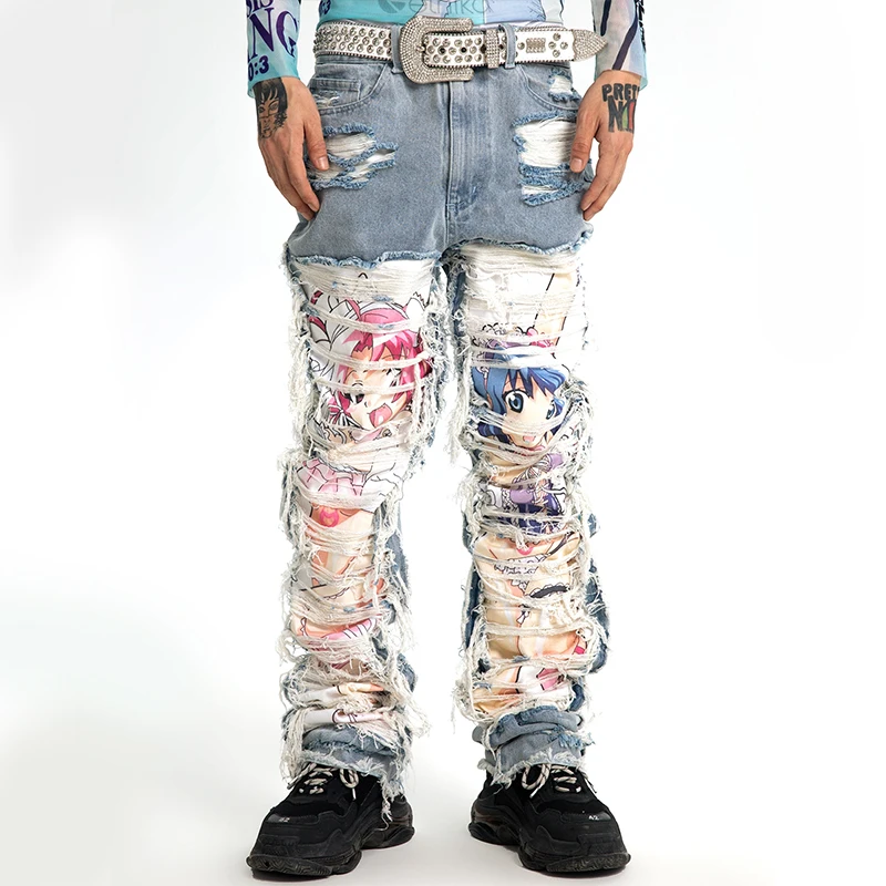 DiZNEW new style Ripped Patchwork Beggar men's jeans High Street Distressed Street wear Casual Straight anime jeans for Men details