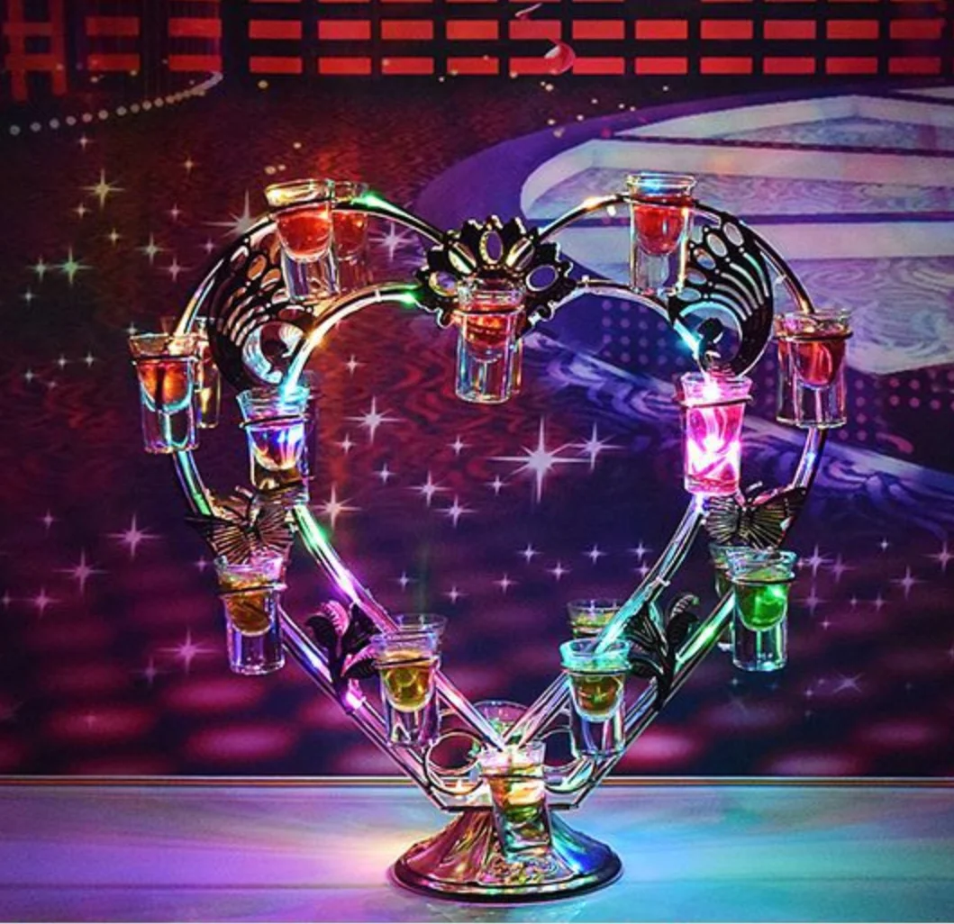 Customized Logo Color Changing Heart Shape Wine Stand Rotating Glass LED VIP Service Tray