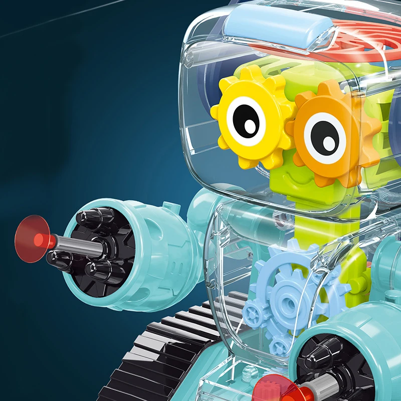 Arm Soft Bullet Shooting Universal Wheel Walking Light Transparent Gears Robot Toy for Kids