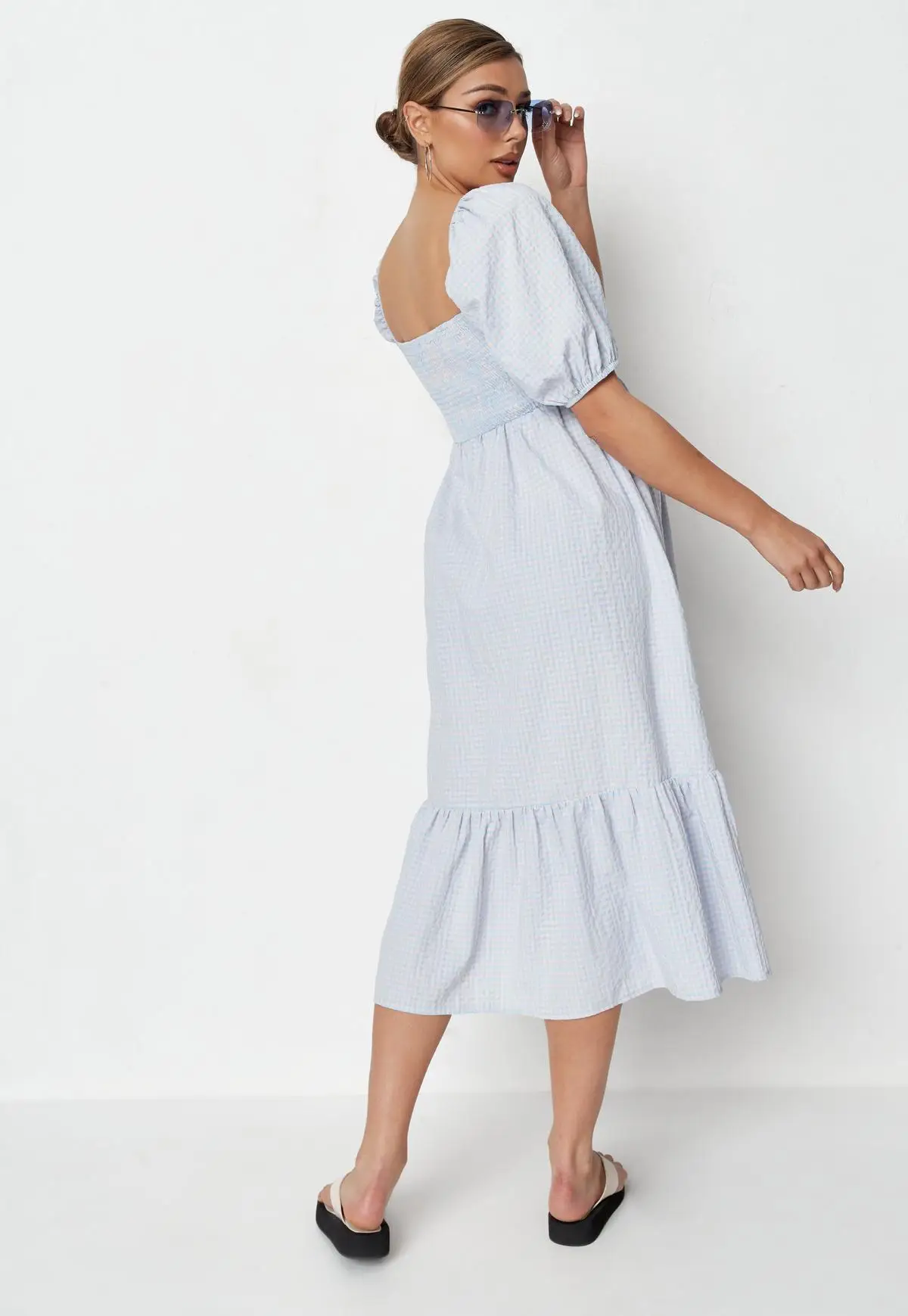 Blue Gingham Shirred Maternity Dresses 