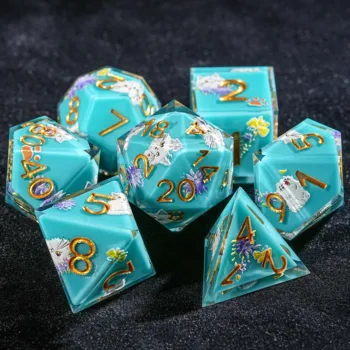 7Pcs Blue & White Cat Dice Resin Polyhedral Dice For DND Role Games Playing Collection Set