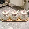 pink seasoning dish  3 wooden tray spoon-seasoning jar set