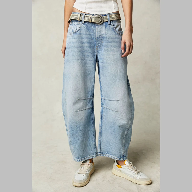 Channel Latest Design Wide Leg Mid Rise Barrel Denim Ankle Pants Women's Vintage Baggy Boyfriend Jeans Pants 2025