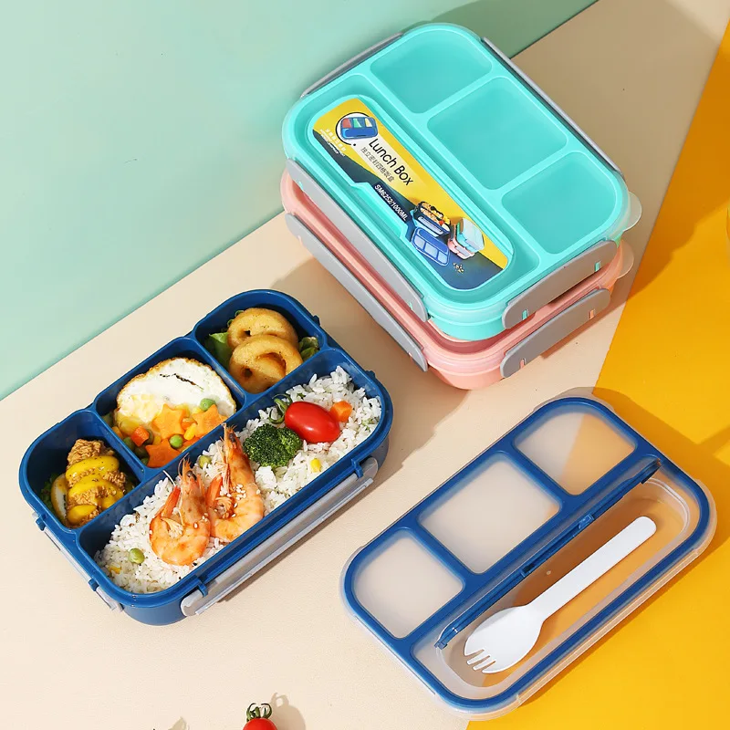 Contenitore per Pranzo a 4 Scomparti, Ermetico, Senza BPA, in Plastica, per Ufficio e Scuola, con Coperchio e Cucchiaio in Plastica per Bento per Bambini