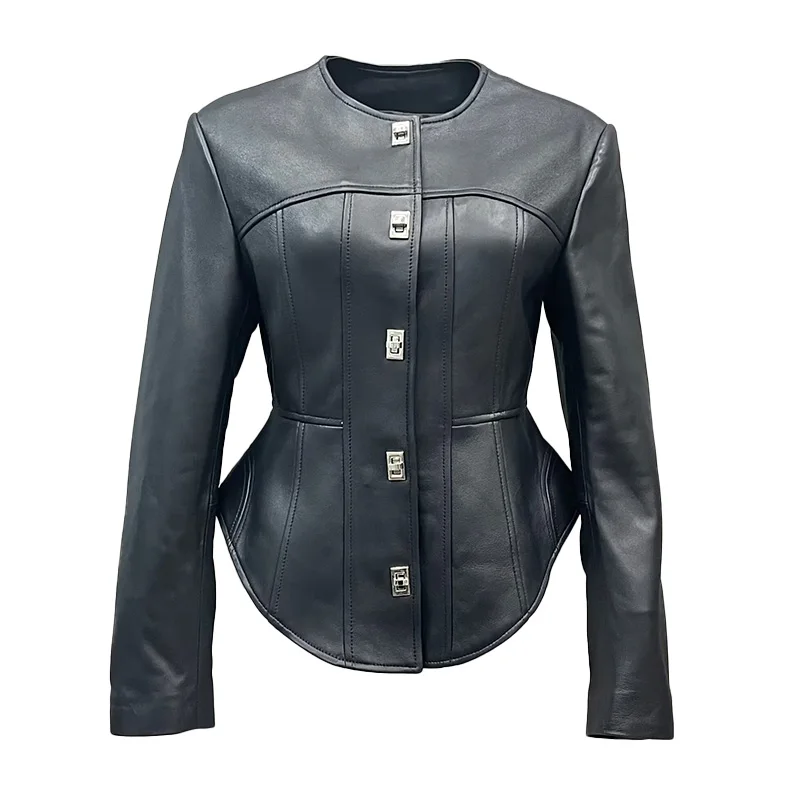 Wholesale Black Leather Coat Genuine Lamb Skin Leather Jacket for Ladies